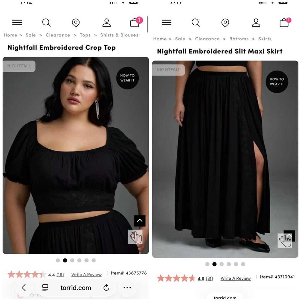Nightfall torrid Embroidered Black Crop Top & Slit Maxi Skirt Set 00 medium